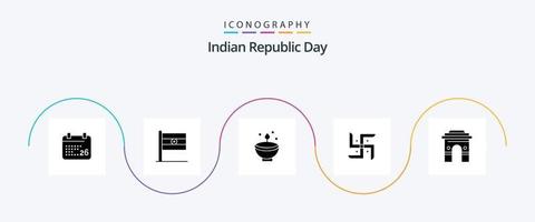 indisk republik dag glyf 5 ikon packa Inklusive religion. indiska. deepam. kyrka. lampa vektor