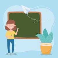 online-utbildning, lärare med penna svarta tavlan och växter vektor