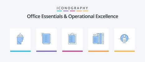 Office Essentials und Operational Excellence Blue 5 Icon Pack inklusive Mann. Notizblock. Notizblock. Stift. stationär. kreatives Symboldesign vektor