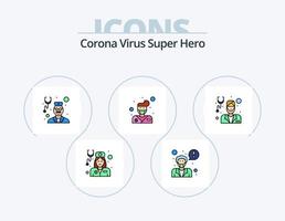 korona virus super hjälte linje fylld ikon packa 5 ikon design. ansikte. kvinna. hälsa vård. stetoskop. läkare vektor