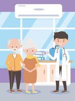 läkare professionell och farfar mormor klinik, läkare och äldre människor vektor