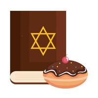 Antikes Buch des heiligen Judentums mit jüdischem goldenen Stern und süßem Donut vektor