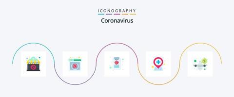 Coronavirus Flat 5 Icon Pack inklusive Warnung. reisen. Patientenbericht. Flugzeug. Lage vektor