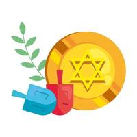 mynt med judisk gyllene stjärna hanukkah och dreidels vektor