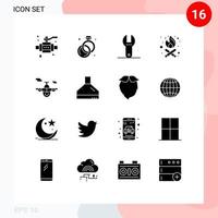 Gruppe von 16 modernen soliden Glyphen, die für bearbeitbare Vektordesign-Elemente für Extraktor-Transportspanner-Flugzeug-Partyzeit festgelegt werden vektor