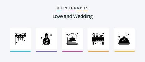 bröllop glyf 5 ikon packa Inklusive händelse. dekoration. forskning. bankett. närvarande. kreativ ikoner design vektor