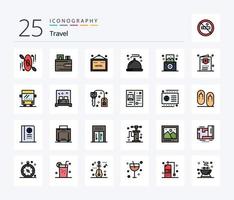 reisen 25 Zeilen gefülltes Icon Pack inklusive Flug. regulär. Zeichen. Kamera. Restaurant vektor