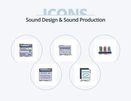 ljud design och ljud produktion linje fylld ikon packa 5 ikon design. modul. audio. utrustning. ljud. musiker vektor