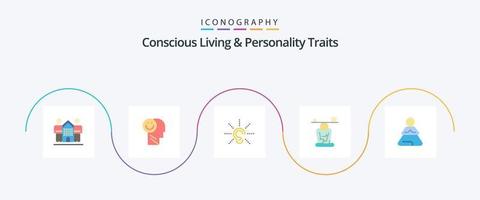 Bewusstes Leben und Persönlichkeitsmerkmale Flat 5 Icon Pack inklusive Meditation. Balance. Leben. hören. hören vektor