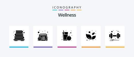 Wellness-Glyphe 5 Icon Pack inklusive . Gewicht. Orange. Fitnessstudio. Wellness-Blatt. kreatives Symboldesign vektor