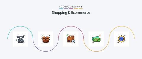 Shopping- und E-Commerce-Linie gefülltes flaches 5-Icon-Pack inklusive Abzeichen. Verkauf. Lieferung. Rabatt. Kasse vektor