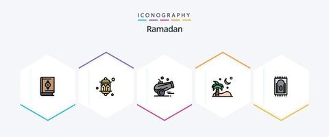 Ramadan 25 Filledline Icon Pack inklusive Teppich. Palme. hell. Strand. Ramadan vektor