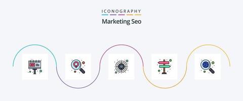 marknadsföring seo linje fylld platt 5 ikon packa Inklusive Sök. höger. premie. vänster. pil vektor