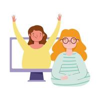 Online-Party, Geburtstag oder Treffen mit Freunden, junge Frauen sprechen durch virtuelle Computer-Konversation vektor