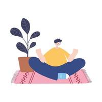 zu Hause bleiben, Mann in Yoga Meditation Pose im Raum, Selbstisolation, Aktivitäten in Quarantäne für Coronavirus vektor