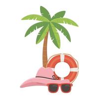 Sommerreise und Urlaub Rettungsring Hut Sonnenbrille Palm Beach vektor