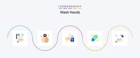 Waschen Sie die Hände flach 5 Icon Pack einschließlich sauber. Pflege. Gesten. beschützen. Handschuh vektor