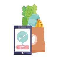 online-marknad, smartphone betalning papperspåse mat leverans i livsmedelsbutik vektor