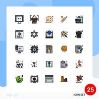 fylld linje platt Färg packa av 25 universell symboler av browser låda planet födelsedag cricket redigerbar vektor design element