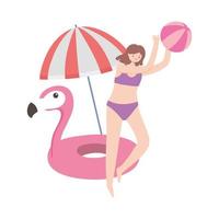 Sommerferien-Touristenmädchen, das mit Ballregenschirm und Flamingoschwimmer spielt vektor