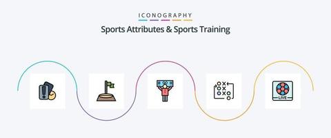 Sportattribute und Sporttrainingslinie gefülltes Flat 5 Icon Pack inklusive Live. Taktik. Ventilator. Strategie. Spiel vektor