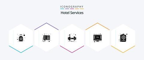 hotell tjänster 25 glyf ikon packa Inklusive resa. pass. hantel. tv. skärm vektor