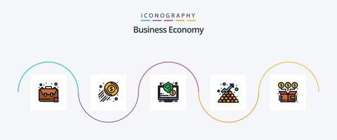 ekonomi linje fylld platt 5 ikon packa Inklusive pyramid. företag. mynt. barer. skärm vektor