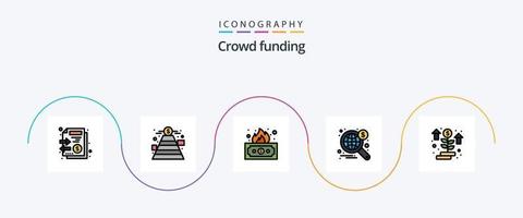 Crowdfunding-Linie gefüllt Flat 5 Icon Pack inklusive Geld. Welt. riskant. weit. Suche vektor