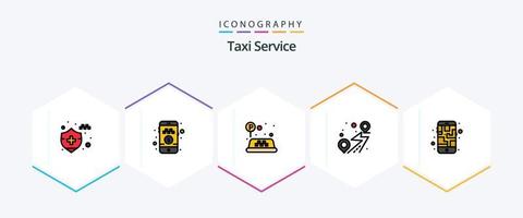 Taxi-Service 25 gefüllte Linien-Icon-Pack inklusive Route. Handy, Mobiltelefon. Taxi. Karte. Route vektor