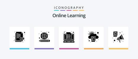 uppkopplad inlärning glyf 5 ikon packa Inklusive audio bok. bibliotek. kurs. utbildning. anteckningar. kreativ ikoner design vektor