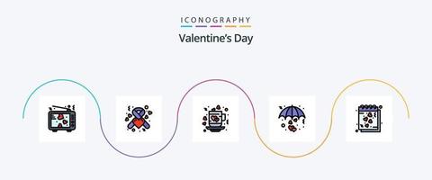 valentines dag linje fylld platt 5 ikon packa Inklusive paraply. kärlek. band. hjärta. te vektor