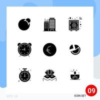 9 thematische Vektor-Solid-Glyphen und editierbare Symbole von Euro-Timer Smart Time Clock editierbare Vektordesign-Elemente vektor