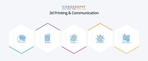 3D-Druck und Kommunikation 25 blaues Symbolpaket einschließlich Netzwerk. global. Produkt. Unternehmen. Netzwerk vektor