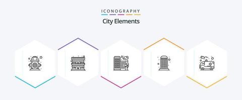City Elements 25-Zeilen-Icon-Pack inklusive Krankenwagen. Telefon. reisen. Kasten. Büro vektor