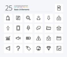 Grundlegende UI-Elemente 25-Zeilen-Icon-Pack einschließlich Daunen. Pfeil. Lupe. Person. männlich vektor