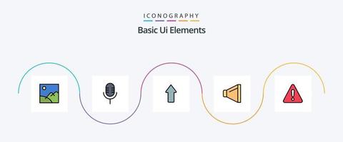 grundlegende ui-elemente linie gefüllt flach 5 symbolpaket einschließlich warnung. Alarm. Pfeil. Volumen. Klang vektor