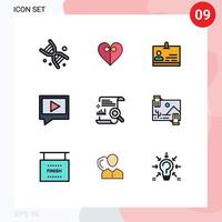 Gruppe von 9 modernen Filledline-Flachfarben, die für bearbeitbare Vektordesign-Elemente für Suchinhaltskartendiagramm-Chat festgelegt werden vektor