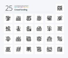crowdfunding 25 linje ikon packa Inklusive Diagram. finansiera. avtal. marknadsföra. ekonomi vektor