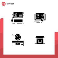 Piktogrammsatz aus 4 einfachen soliden Glyphen des Buches Schönheitssalon Spiegel mobile Bildung Frisierkommode editierbare Vektordesign-Elemente vektor