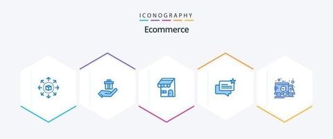 E-Commerce 25 blaues Icon Pack inklusive Zeit. Laden. Gebäude. online. Plaudern vektor