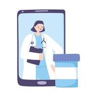 Telemedizin, Ärztin Smartphone-Medikamentenflasche, Beratungsbehandlung und Online-Gesundheitsdienste vektor