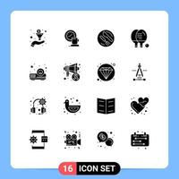 Solides Glyphenpaket mit 16 universellen Symbolen für Beamer-Spiel-Mittagessen-Ausrüstungsaktivitäten, editierbare Vektordesign-Elemente vektor