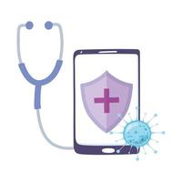 Telemedizin, Coronavirus Covid 19 Smartphone Stethoskop Medizin medizinische Behandlung und Online-Gesundheitsdienste vektor