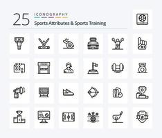 sporter attribut och sporter Träning 25 linje ikon packa Inklusive stadion. spel. pinnar. exteriör. vissla vektor