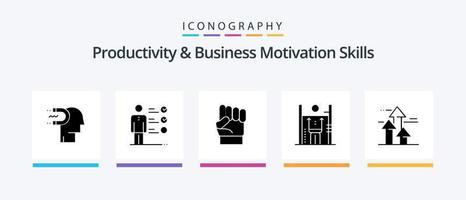 produktivitet och företag motivering Kompetens glyf 5 ikon packa Inklusive förbättring. tillväxt. professionell förmåga. prestanda. kraft. kreativ ikoner design vektor