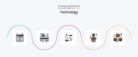 teknologi linje fylld platt 5 ikon packa Inklusive förnybar. plugg. skydd. växt. tråd vektor