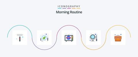 Morgenroutine Flat 5 Icon Pack inklusive Tasche. Fall. Fernseher. Unternehmen. Spiegel vektor