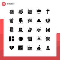 25 solides Glyphenpaket der Benutzeroberfläche mit modernen Zeichen und Symbolen der Axt Feier Arbeit Geburtstag TV editierbare Vektordesign-Elemente vektor