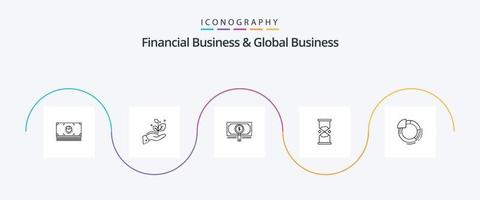 finansiell företag och global företag linje 5 ikon packa Inklusive sand. timer. pengar. tid. dollar vektor