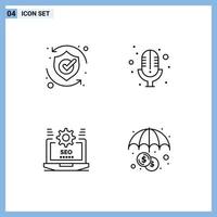 Stock Vector Icon Pack mit 4 Zeilenzeichen und Symbolen zum Schutz der Laptop-Schild-Mikrofoneinstellung editierbare Vektordesign-Elemente